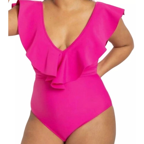 NEW ELOQUII FUCHSIA FEDORA PINK RUFFLE SHOULDER w/ BELT ONE PIECE SWIMSUIT 28 - Picture 1 of 10